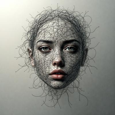 The primary subject of the image is a close-up of a woman's face, with a focus on her lips. The setting is a gray background, which contrasts with the woman's face. The visual style is a digital art or illustration, as the woman's face is depicted with a wire-like texture. The colors in the image are predominantly gray, giving the image a somewhat moody atmosphere.